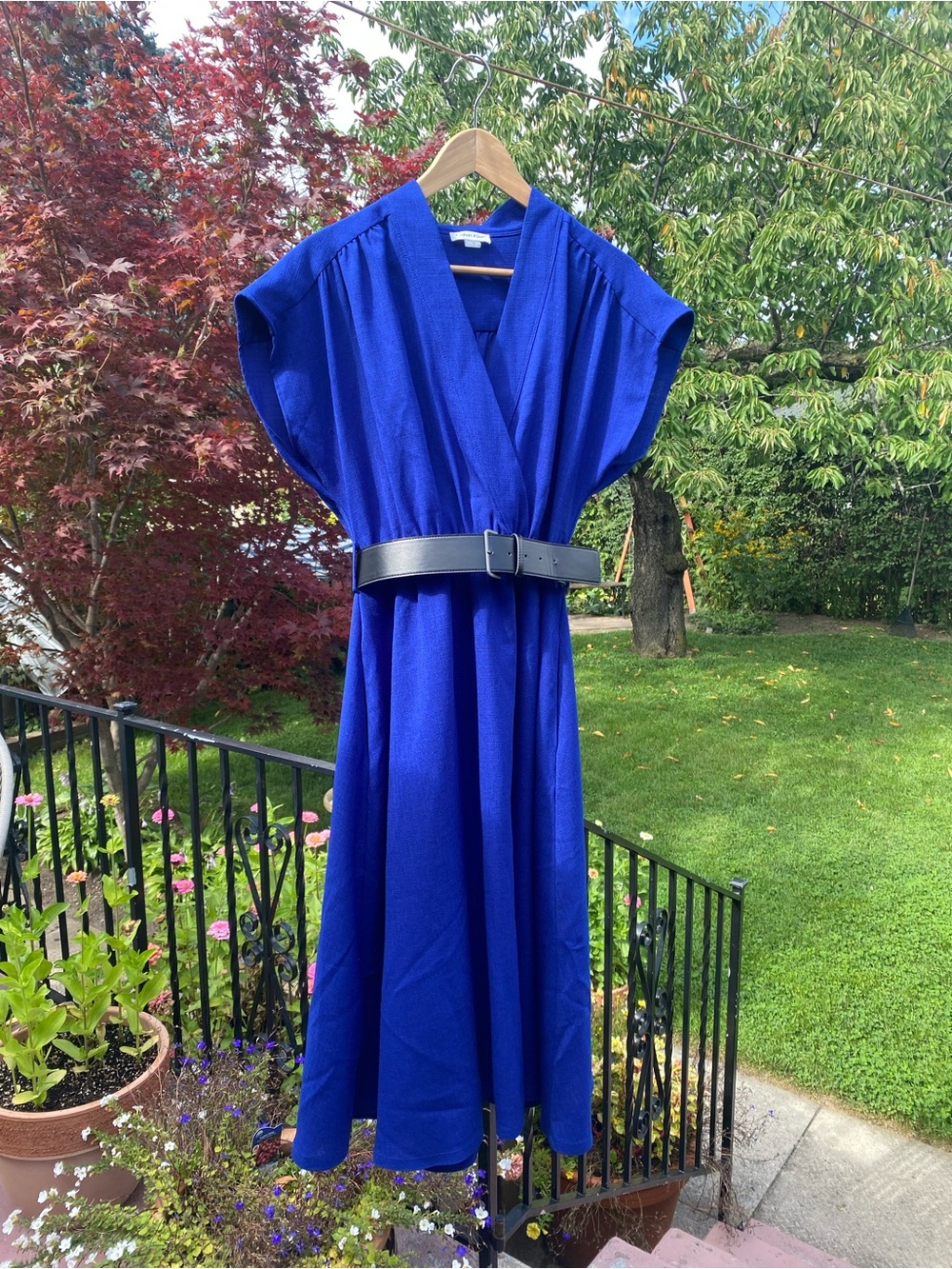 Calvin Klein Cobalt Blue Midi Wrap Dress with Black Belt